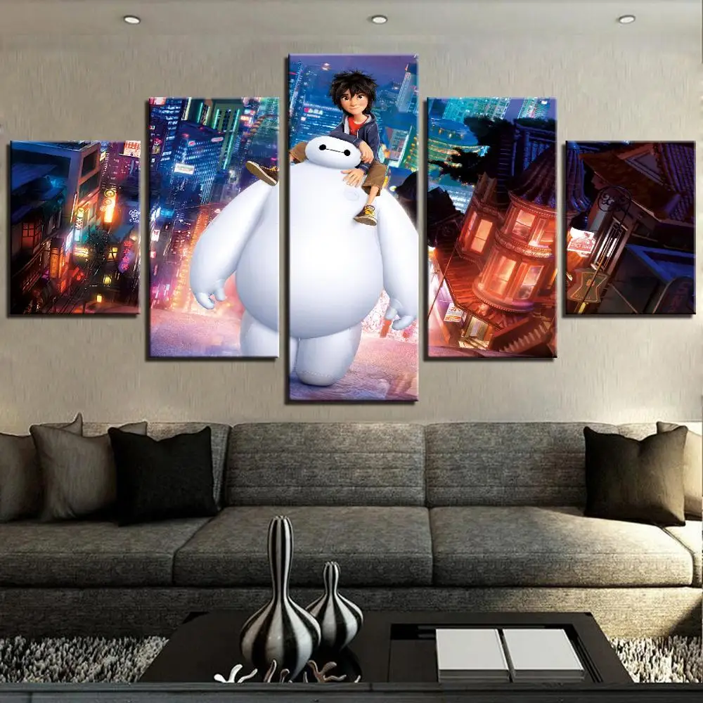 5 Pieces HD Cartoon Movie Big Hero in City Art Poster Frame Modern For Living Bedroom Kids Wall Decor Painting on Canvas | Дом и сад