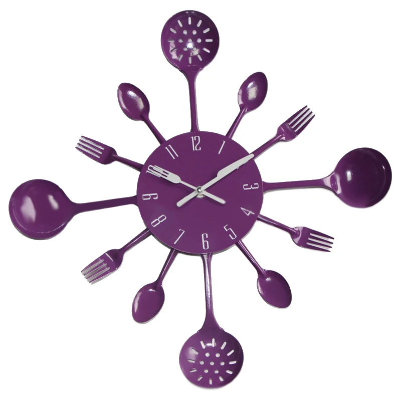 Purple Столовые приборы металлическая кухонная настенная ложка с часами вилка креативные кварцевые настенные установленные часы Современный дизайн декоративные Horloge Murale 9 цветов - Цвет: Purple