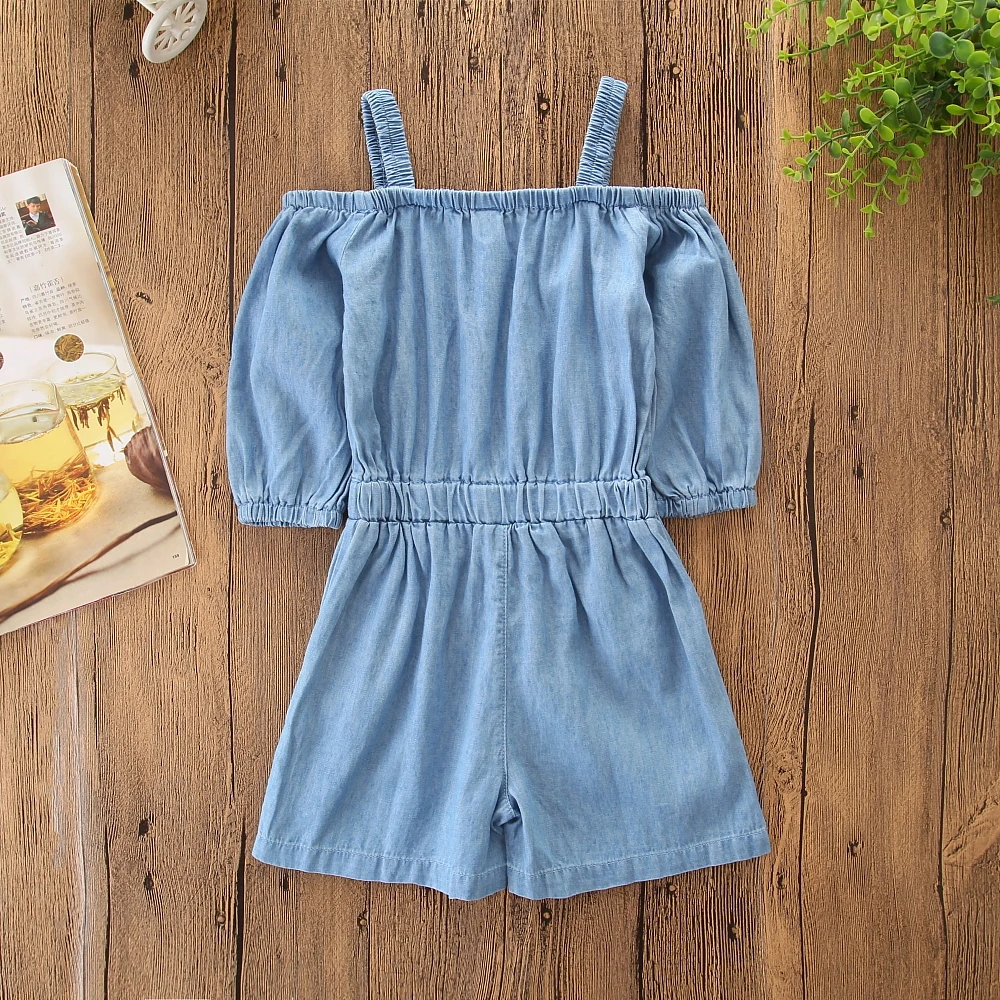 Детский комбинезон для маленьких девочек короткий джинсовый с оборками летняя