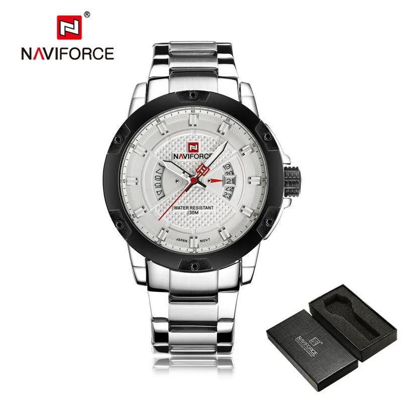 Relogio Masculino NAVIFORCE часы мужские модные повседневные водонепроницаемые кварцевые Военные Спортивные часы из нержавеющей стали мужские часы 9085 - Цвет: NA908504 with box