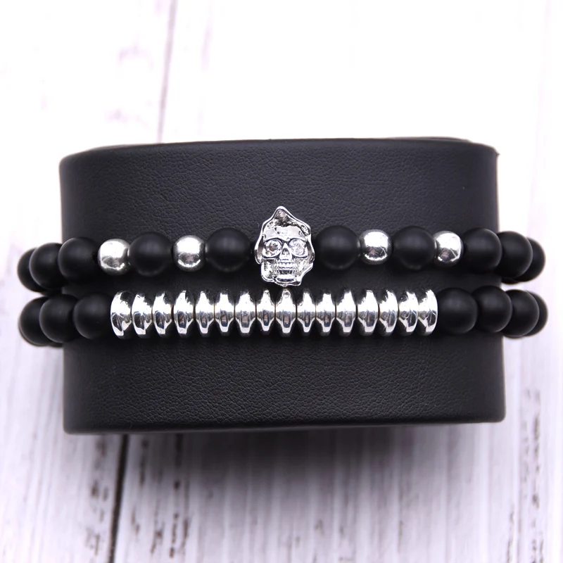 Pulseira модный браслет для пары 8 мм бусины матовый камень мужские CZ Череп Браслеты