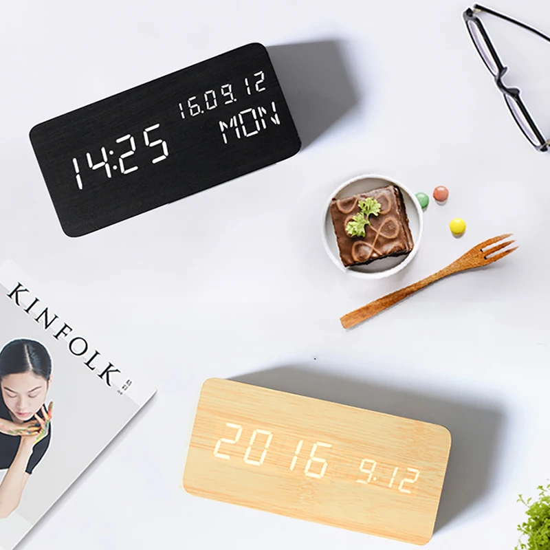 Ganxin Sounds Control Wooden Alarm Desk Clock Modern Electronic Multifunction Wood Digital LED Table Дом и сад
