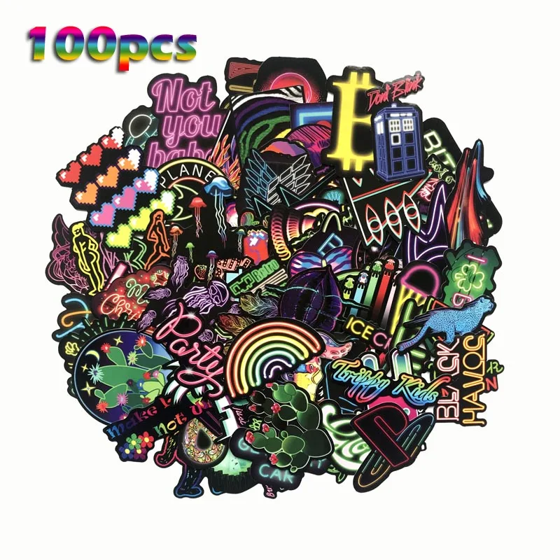 100pcs 100 шт неоновая световая наклейка s аниме икона животные Милая любовь наклейки стикеры подарки портфель для ноутбука Гитара Холодильник велосипеда, автомобиля - Цвет: 100pcs