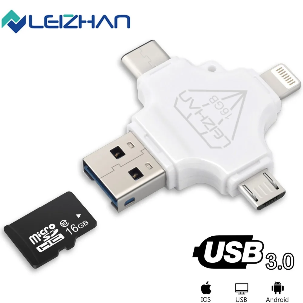 LEIZHAN 4 в 1 USB флеш накопитель для iphone TYPE C Micro android телефон Lightning флешка 128 ГБ 64 32 16
