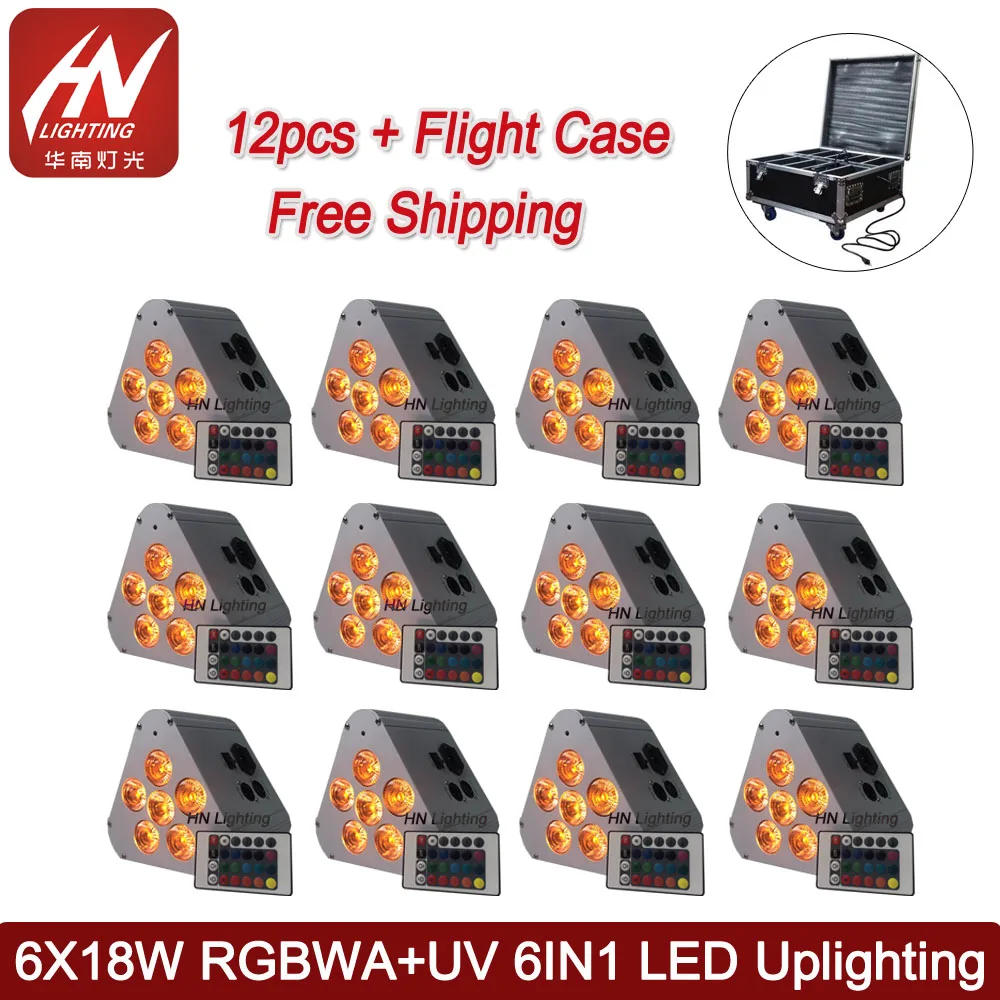 

12pcs with case wireless dmx led uplights 6X18W RGBWAUV flat led par for wedding party
