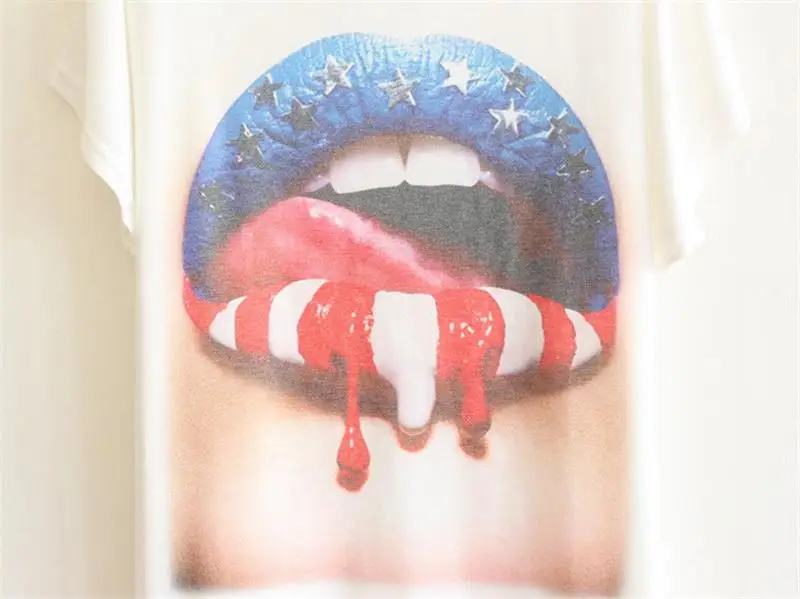 Красивая 2018 Лето Для женщин красные губы Футболка с принтом короткий рукав