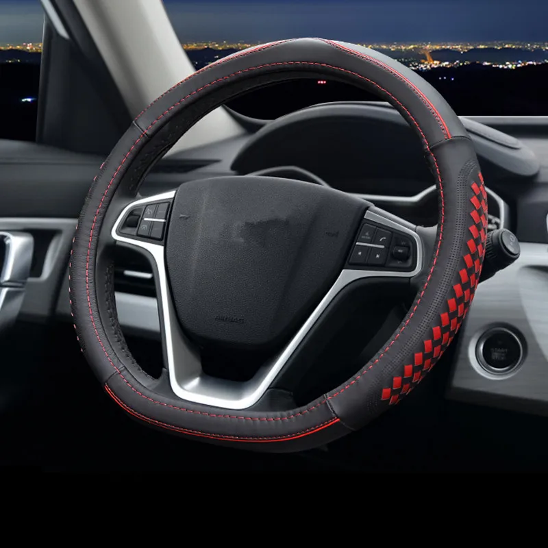 black and red Автомобиль ручной вязки ручка из натуральной кожи чехол на руль украшения автомобиля аксессуары для Geely Emgrand EC7 GS GL EV - Название цвета: black and red