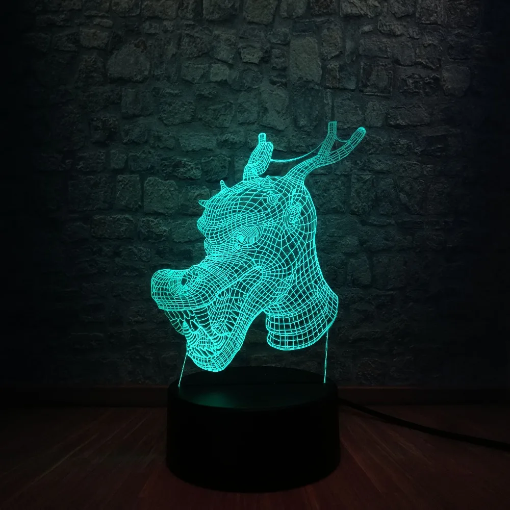 Креативные животные голова дракона 3D светодиодный USB ночные светильники 7 цветов