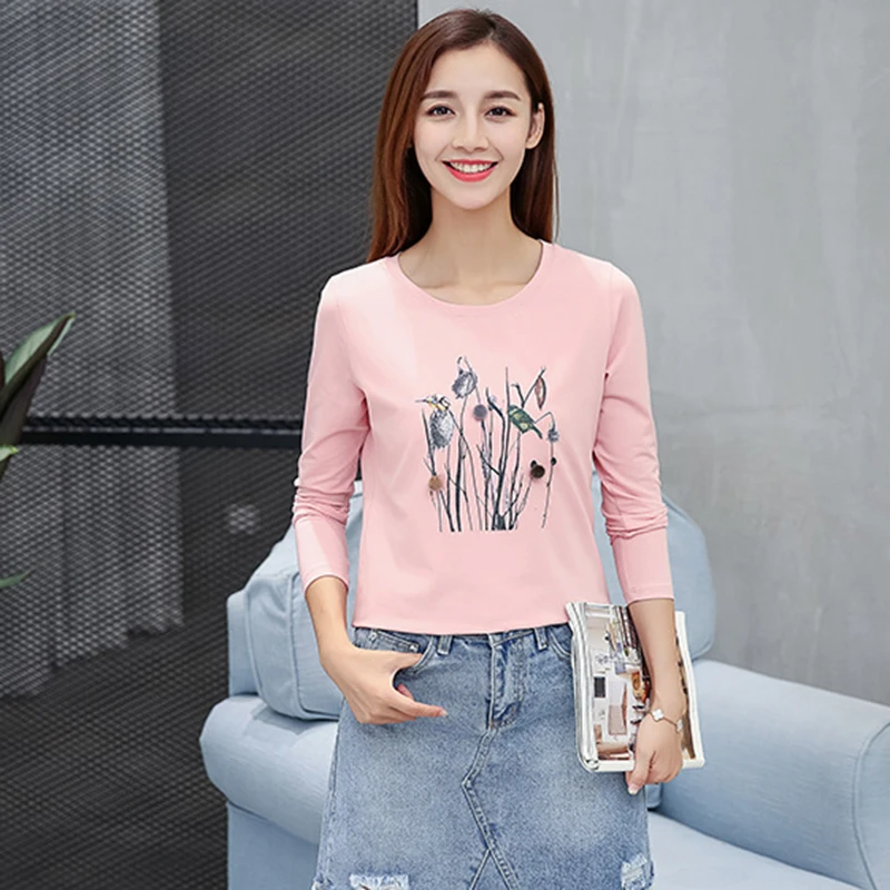 Футболка 2017 женская обувь Топы с длинными рукавами и принтом Футболки цветочный