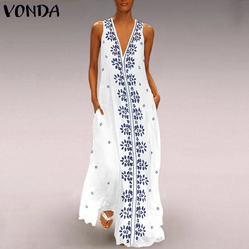 VONDA, женское платье с цветочным принтом,, винтажное, сексуальное, v-образный вырез, без рукавов, макси, длинное, вечерние, Vestido, повседневное, летнее, Пляжное, белое, 5XL