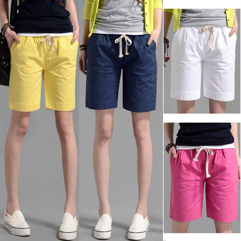 Этнические женские шорты большие размеры эластичная резинка на талии льняные