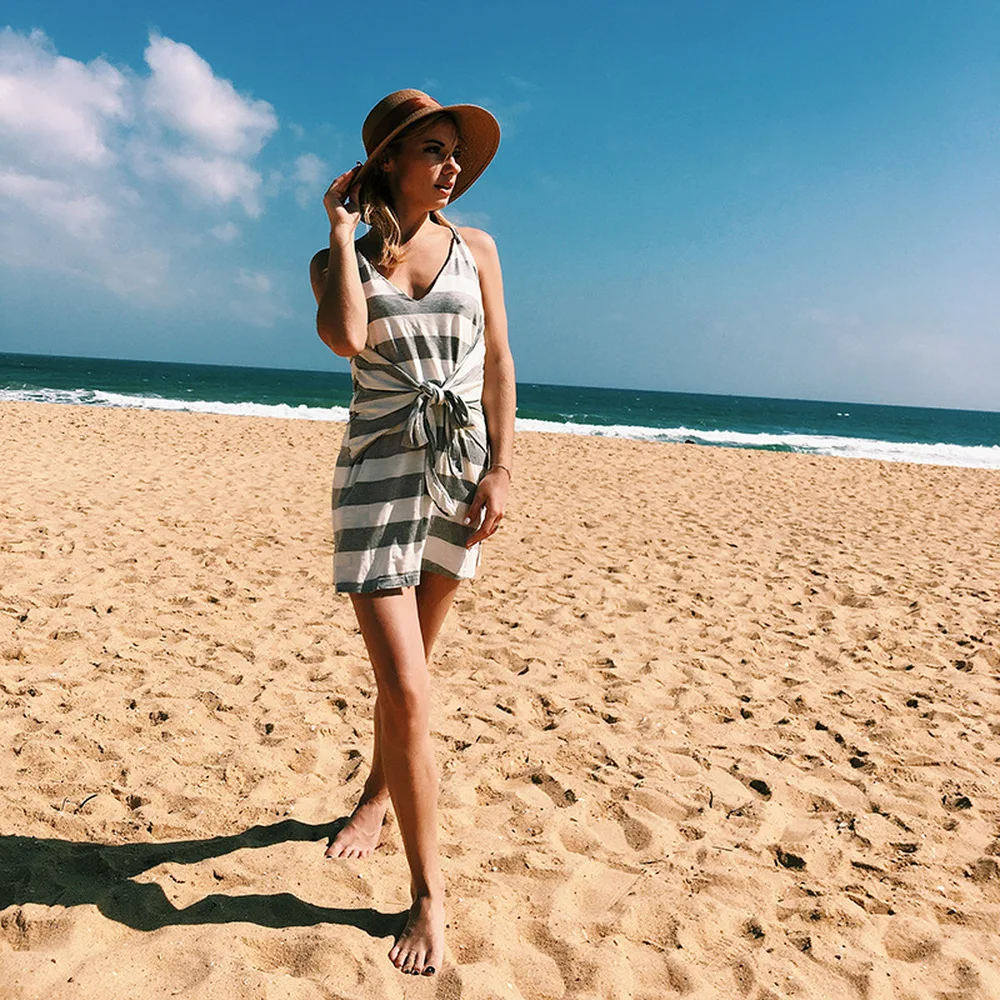 Sexy v-necked low chest stripe navy wind dress | Женская одежда