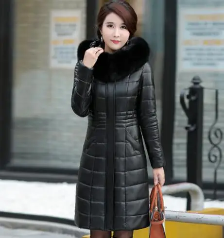 black fur black Утепленная зимняя куртка размера плюс 7XL 8XL, Женская куртка с меховым воротником и капюшоном на белом утином пуху, теплая куртка, женская тонкая Длинная парка Yp1251 - Цвет: black fur black