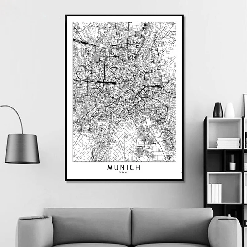 Munich Black White Custom World City Map Posters Prints Nordic Style Wall Art Pictures Home Decor Canvas Painting | Дом и сад