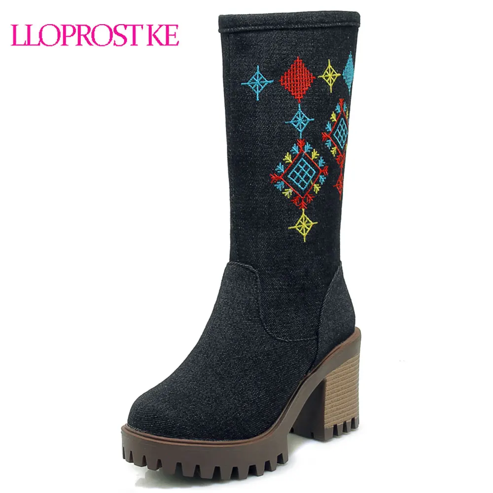 

Lloprost ke Fashion Denim Mid Calf Boots Blue Lady's Round Toe Chunky Stable Hoof High Heels Winter Embroidery Shoes Women D508