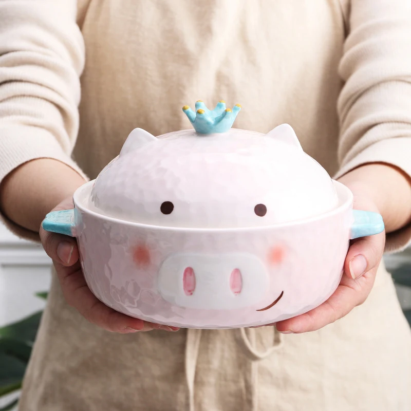 

Large Size Cute Pink Pig Ceramic Noodle Bowl Crown Cartoon Japanese Girls Dormitory Soup Bowl Household Bowl with Lid