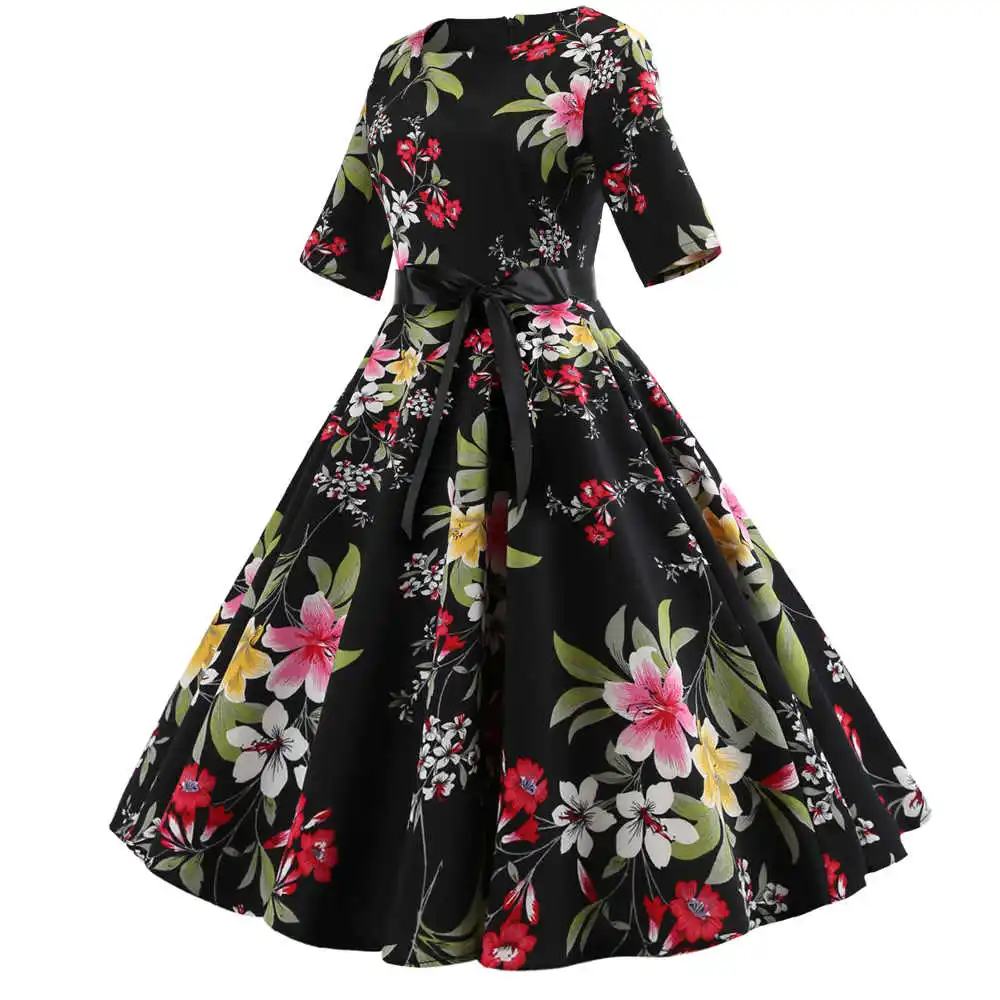 MIXINNI 50 s 60 с цветочным принтом осень Винтаж платье тонкая талия vestidos mujer 2018 Для