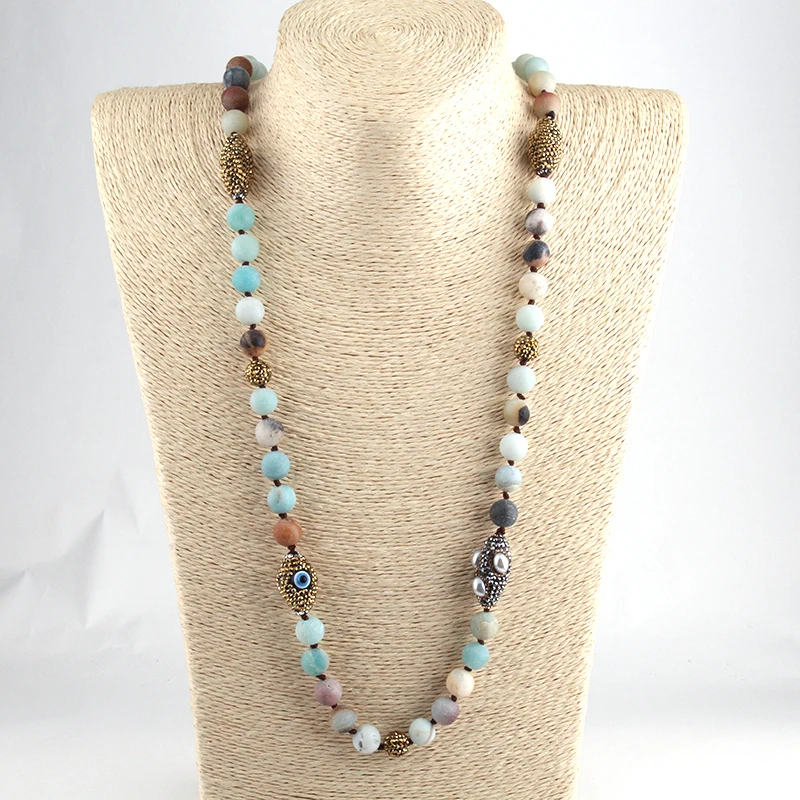 

Free Ship Fashion Frosted Amazonite Stones Bohemian Tribal Jewelry Handmake Paved Ethnic Necklace For Women