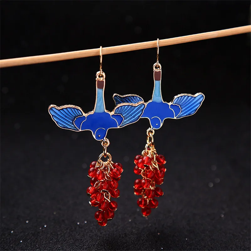 Enamel Animal Bird Red Beaded Piercing Drop Earrings for Women Bijoux Boucle D'oreille Blue EW-452 | Украшения и аксессуары