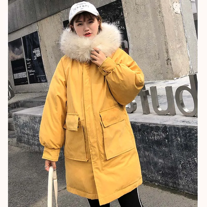 Цвет: желтый Женская парка с меховым воротником, зимняя куртка, модная плотная теплая зимняя куртка с капюшоном, пальто, зимние парки, верхняя одежда, куртка - Цвет: Цвет: желтый