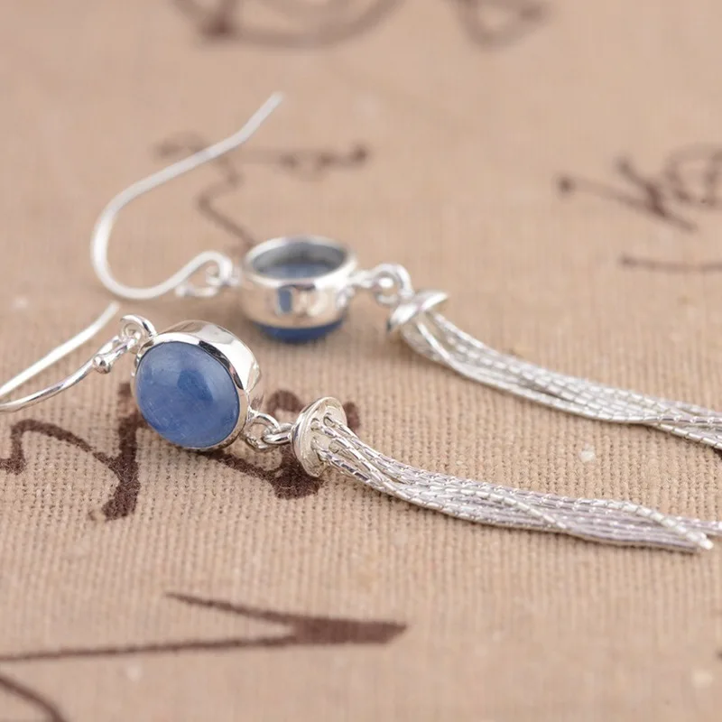 BOCAI S925 Sterling Silver Tassel Eardrop For Women Female Money Inlay Kyanite Thai Earrings Archaize Style | Украшения и