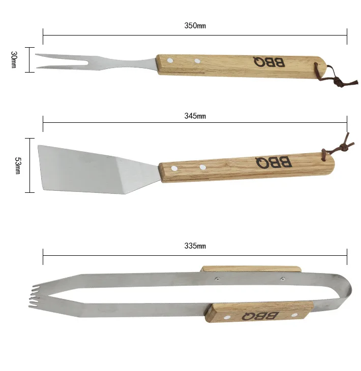 

Set of 3 BBQ Grill Tool Set Stainless Steel Grilling Utensils Barbecue Spatula Tong Fork and Basting Turners