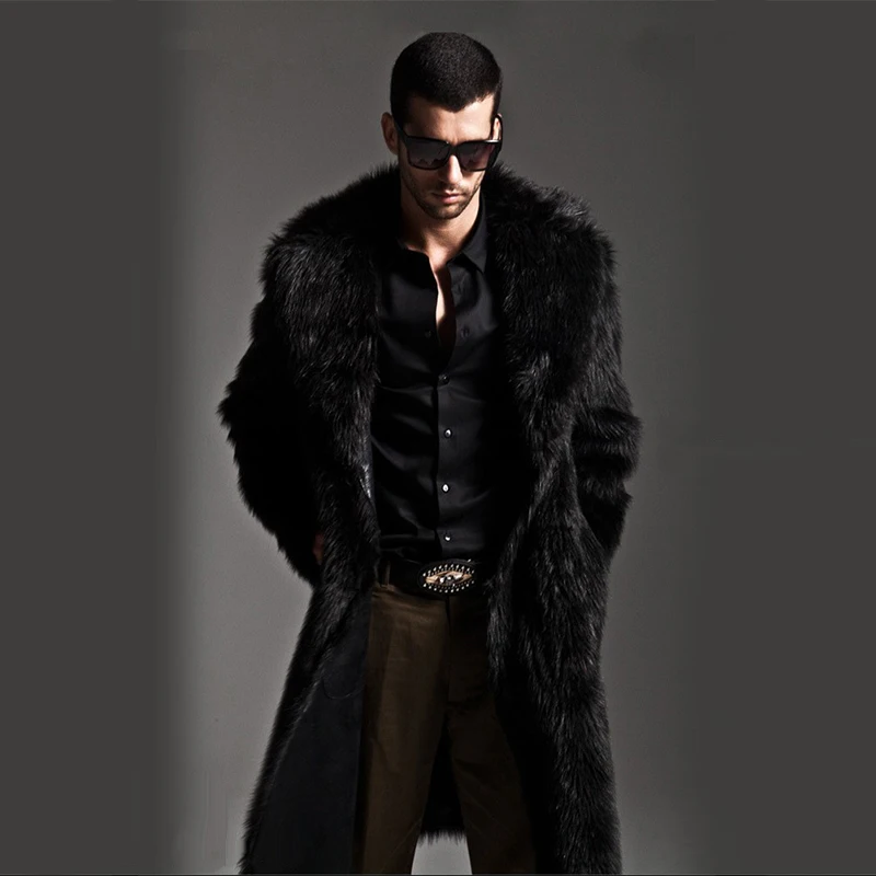 Мужская длинная парка с искусственным мехом теплая куртка из искусственной кожи