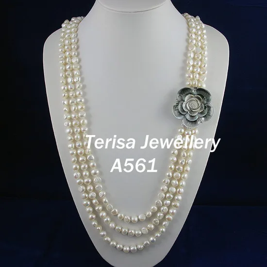 

Free Shipping Grade AAA.3Rows.Size:7-8mm.Length 31-33inch. Nice Color Fresh Water Pearls Necklace earrings