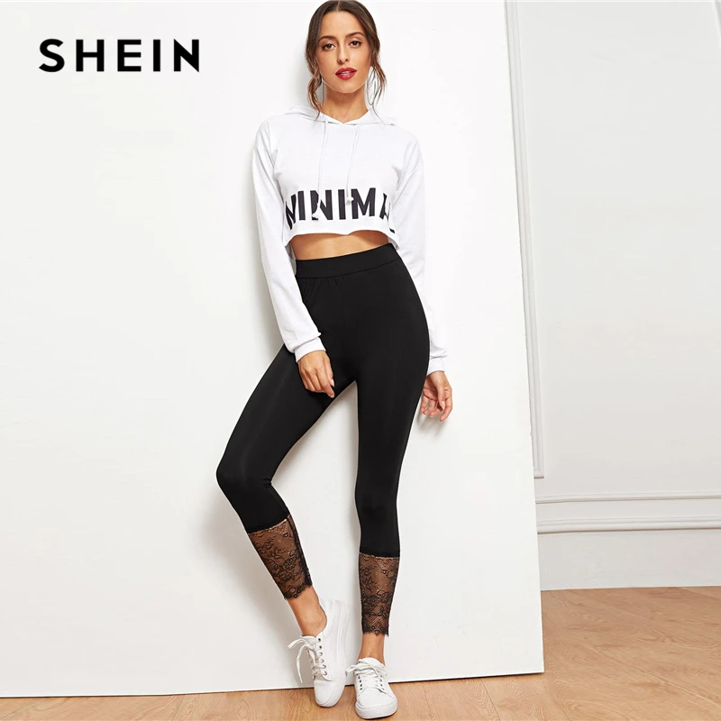 SHEIN Леггинсы С Высокой Талией И Кружевами Женские Черные Повседневные Леггинсы