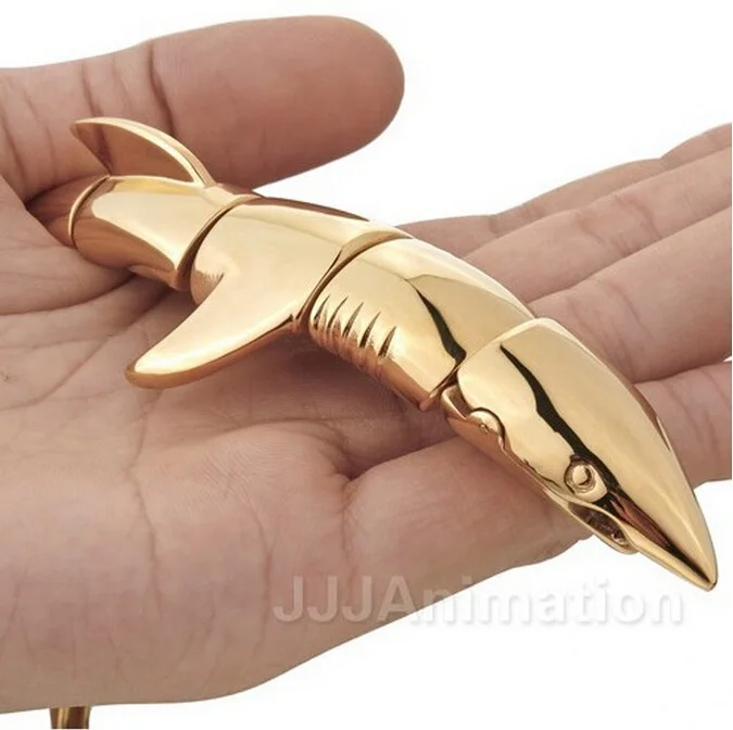 Мужской браслет из нержавеющей стали блестящий золотой с акулой