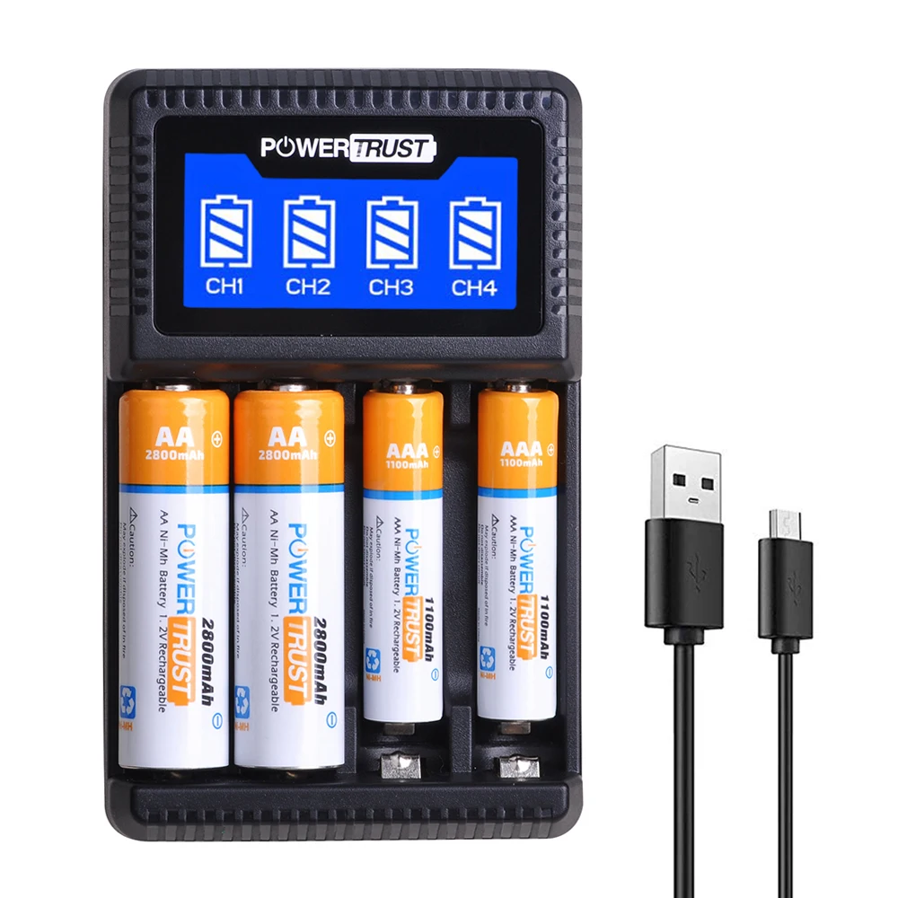 PowerTrust интеллектуальное 4 слота aa aaa зарядное устройство с ЖК-дисплеем для aa aaa Ni-MH аккумуляторов