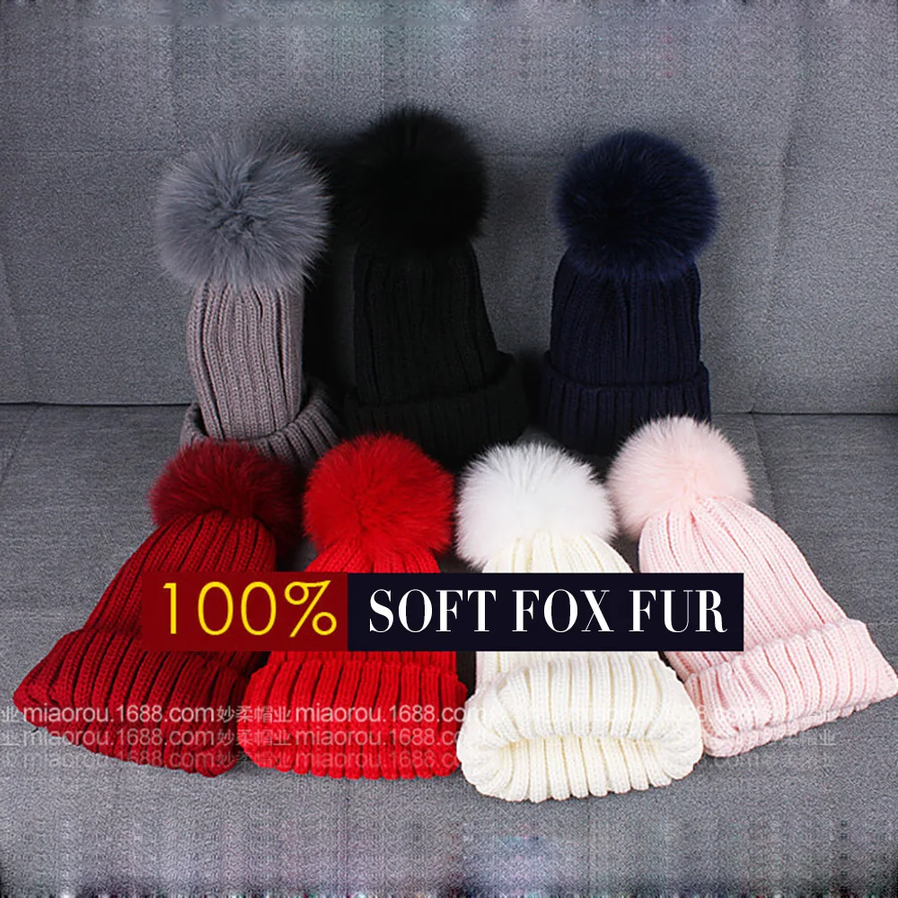 Зима меховая шапка для женщин реального лисий мех енота Шерстяные шапочки