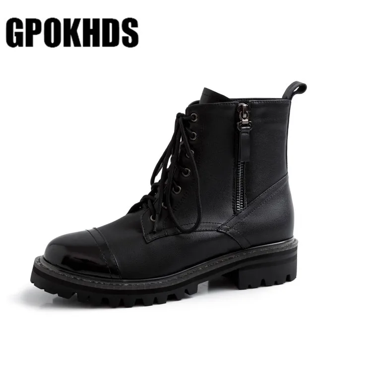 GPOKHDS/ г.; женские ботильоны из коровьей кожи; сезон осень-весна; ботинки для верховой езды на низком квадратном каблуке с круглым носком на шнуровке черного цвета