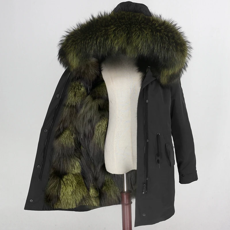 black green Женское пальто со съемным мехом OFTBUY, бежевая непромокаемая длинная парка с натуральным лисьим мехом, верхняя одежда, зима - Цвет: black green