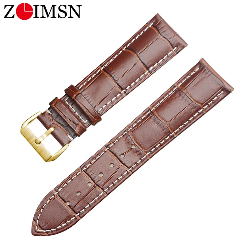 Brown White Gold Ремешок для часов ZLIMSN из натуральной кожи 16 мм 18 мм 20 мм 22 мм 24 мм ремешок для часов Tissot Seiko DW Longines samsung gear huawei Watch GT - Цвет ремешка: Brown White Gold