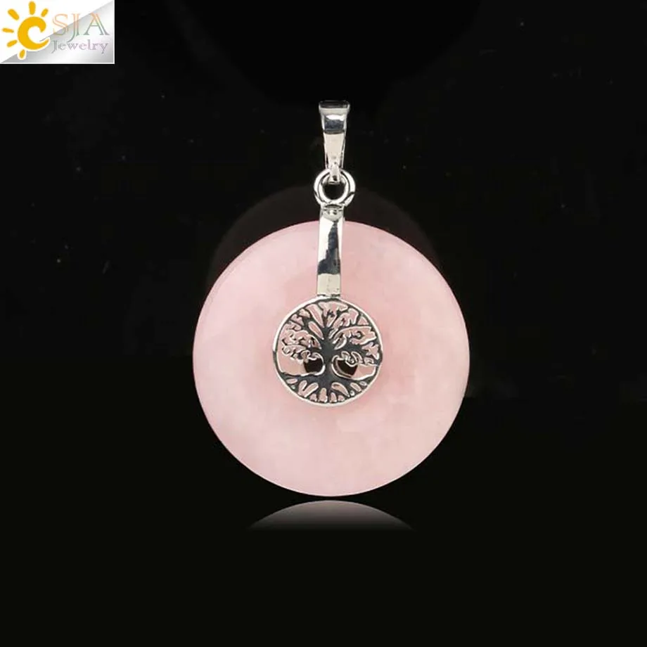 Rose Quartz Csja Древо жизни Подвески натуральный кристалл полый круглый камень «reiki» энергии мудрость деревья Для женщин Для мужчин Подвески Ожерелья G146 - Окраска металла: Rose Quartz