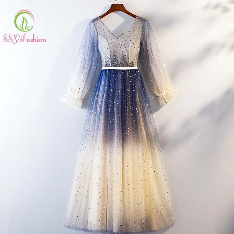 SSYFashion v образный вырез длинные рукава расшитые блестками градиентный цвет длина