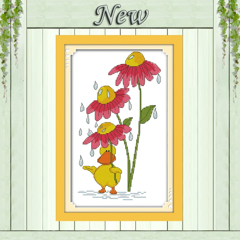 Маленькая желтая утка цветы дождь diy живопись Счетный напечатаны на холсте