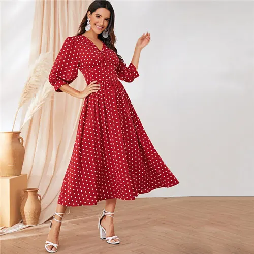 SHEIN Burgundy Polka Dot Wide Waistband Button Detail Maxi Dress Women Elegant V Neck Bishop Sleeve Long Dress Party Dresses - Цвет: Бургундия