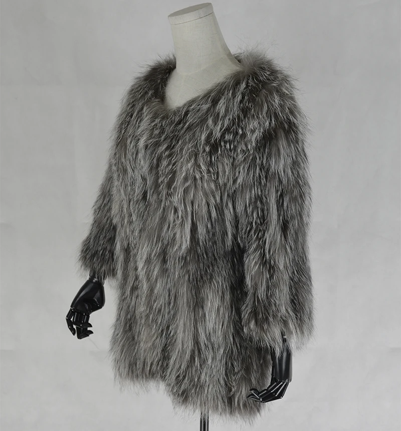 Natural Silver Fox Fur Knit Garment Women basic coats Real Coat Knitted Hair Long Overcoat 3 Colors Plus Size | Женская одежда