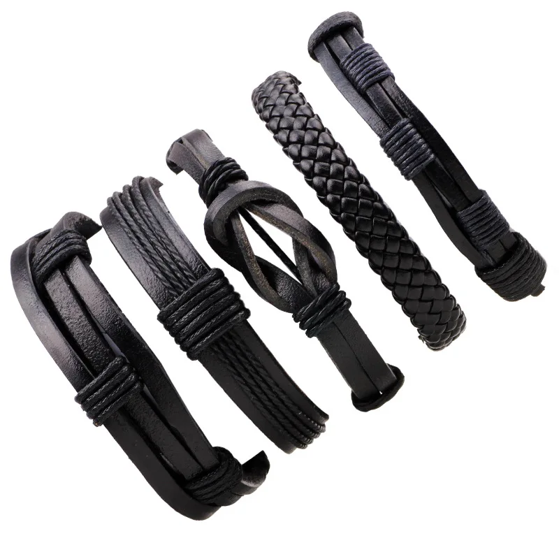 5pcs/set Boho Gypsy Hippie Punk Classic All Black Knot Pattern Leather Cord Wrap Layers Stacked Adjustable Bracelets Set for Man | Украшения