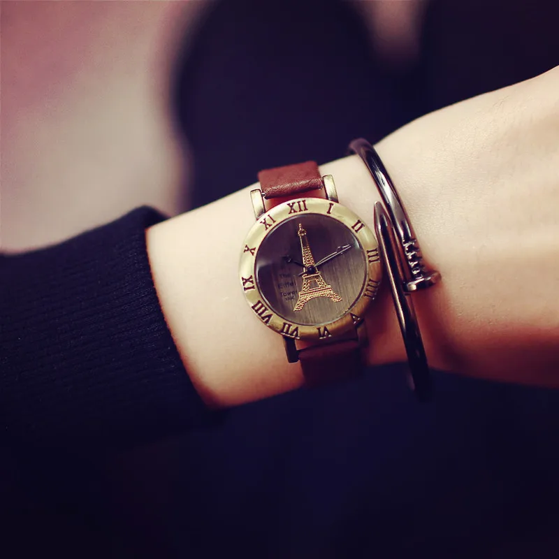 Классический Эйфелева башня винтажная римская циферблат латунь женские часы