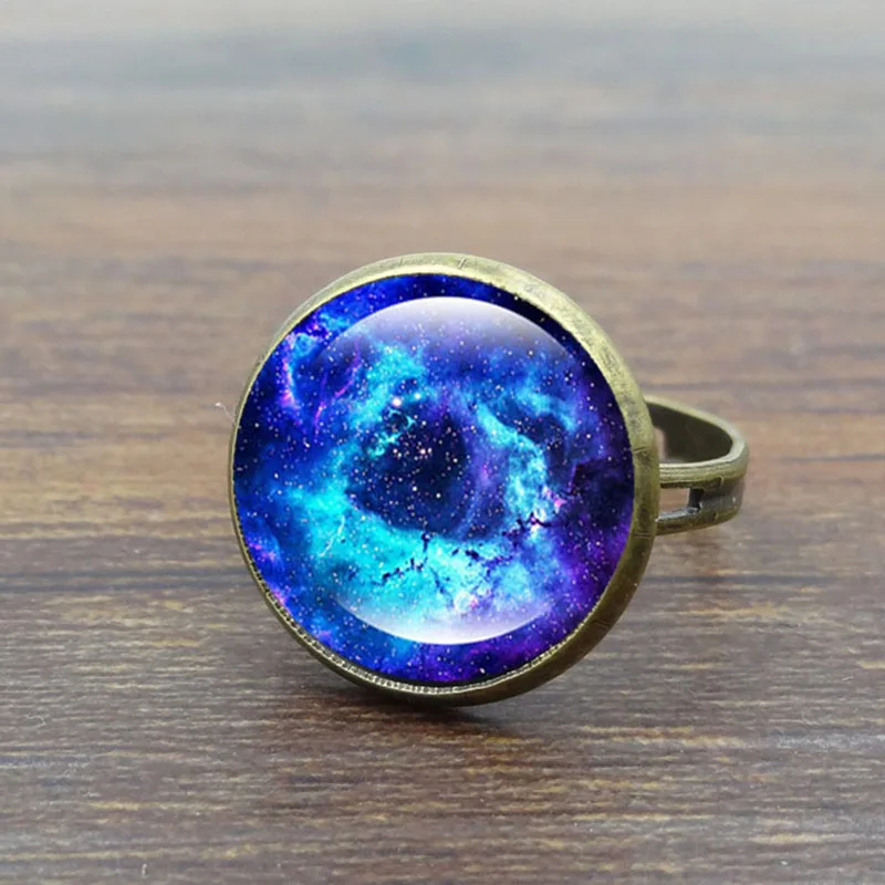 Vintage female ring Galaxy Space Glass Cabochon Fashion Jewelry Ancient bronze Adjustable Rings for Women Gifts | Украшения и