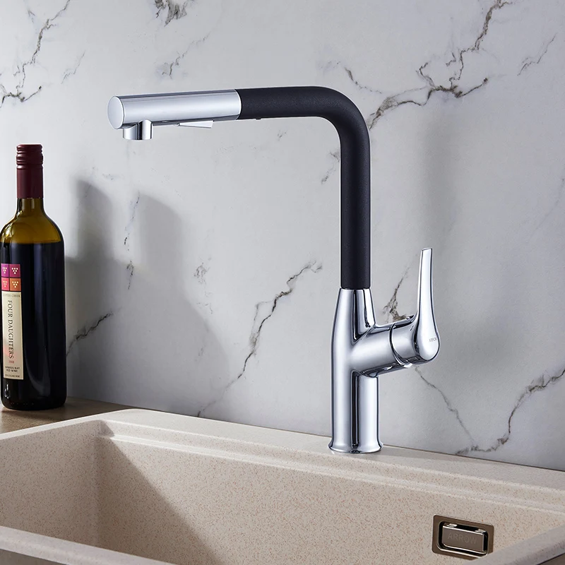 

Single-handle full copper kitchen faucet with pull-down sprayer, high-curved pull-out nozzle single-hole kitchen sink faucet,