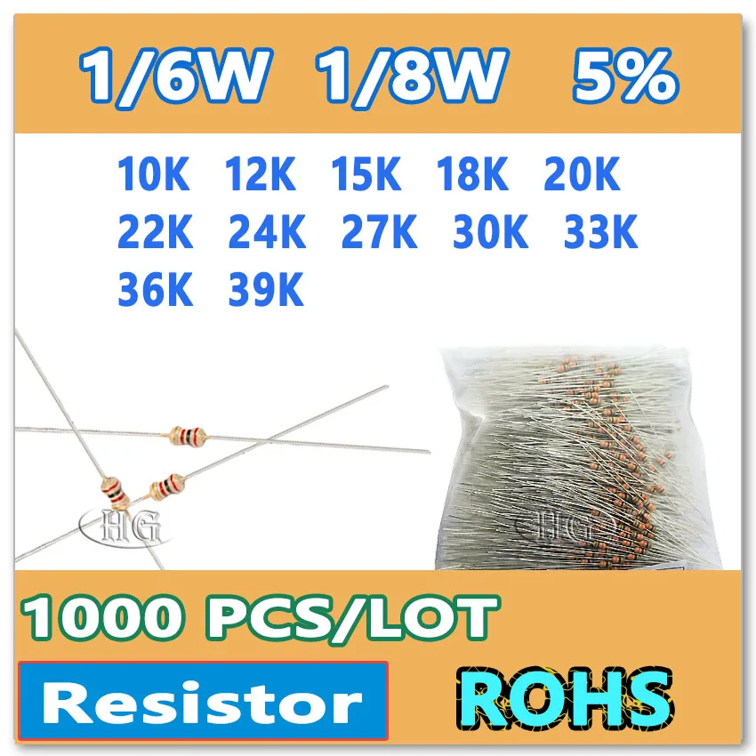 

JASNPROSMA 1000PCS/LOT 5% 1/6W 1/8W 10K 12K 15K 18K 20K 22K 24K 27K 30K 33K 36K 39K carbon film DIP OHM Color ring Resistor New