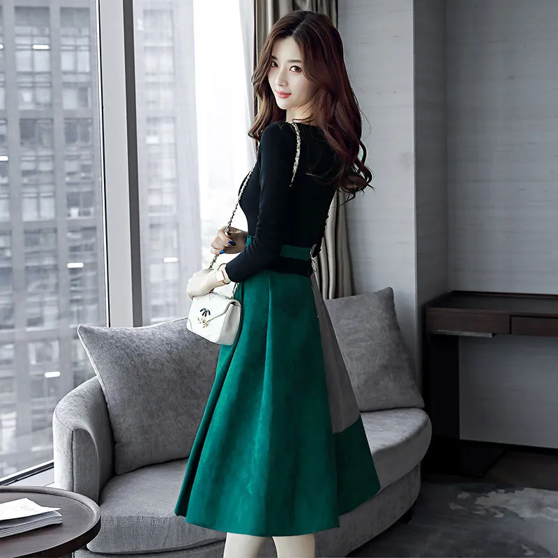 Женский комплект из 2 предметов черная рубашка и замшевая длинная юбка офисный