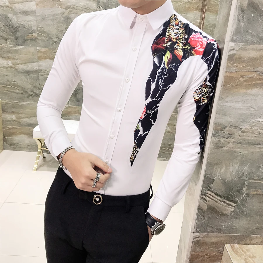 Рубашка с напечатанным узором цветов Тигра для мужчин длинными рукавами