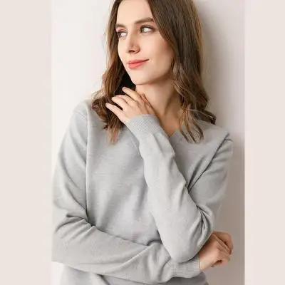 light grey long BELIARST весенний свитер женский вязаный пуловер тонкий кашемировый свитер женский с v-образным вырезом короткий рукав шерстяной джемпер - Цвет: light grey long