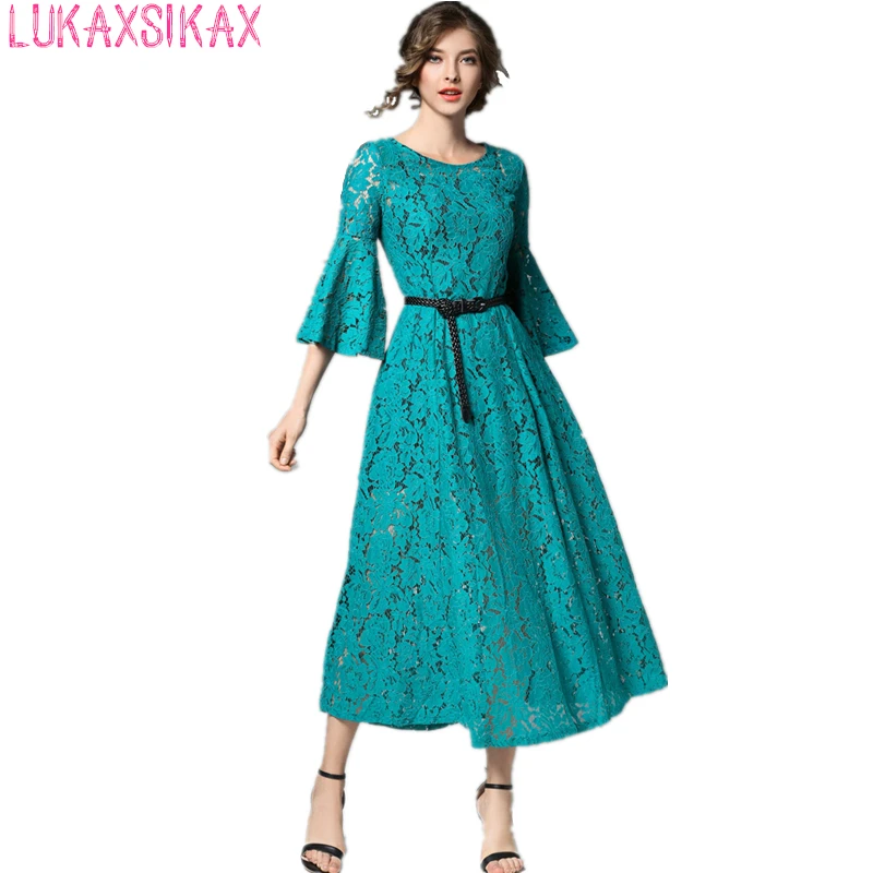 2017 новое весенне летнее женское платье модное с рукавом колоколом в стиле ретро