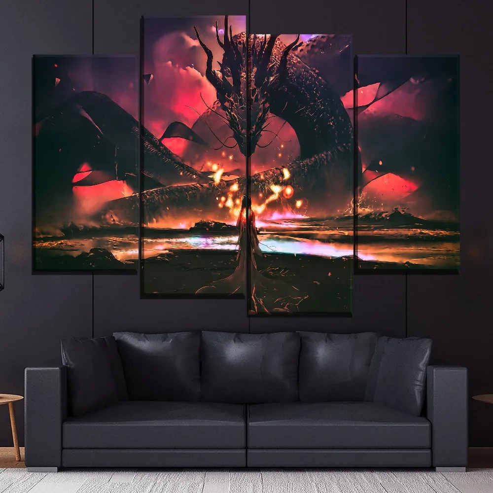 Fantasy Dragon And Girl Painting 5 Piece Style Canvas Print Type Picture Modern Home Decorative Wall Artwork Poster Framework | Дом и сад